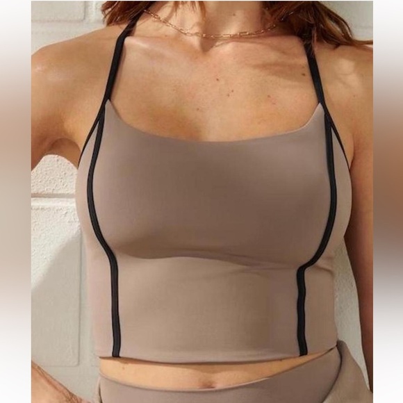 Abercrombie YPB sports bra tank top long line racerback padded taupe seamless - Picture 1 of 8